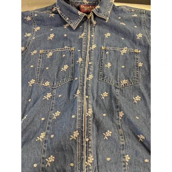 Vintage Denim & Co jeans wear womens M zipper front blue white embroidered top - Picture 7 of 10